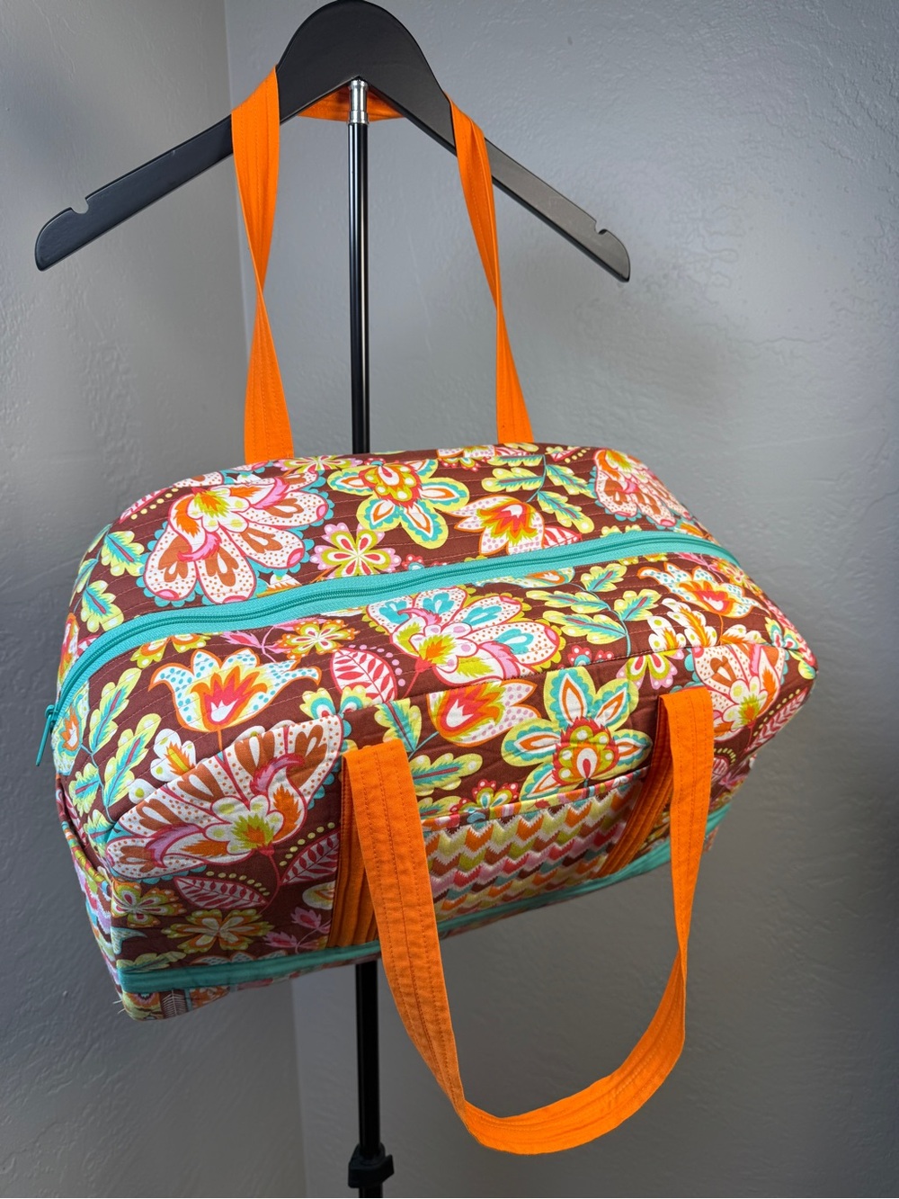 Handmade Quilted Weekender Duffel Bag Floral Boho Travel Tote Orange Aqua - Picture 3 of 8